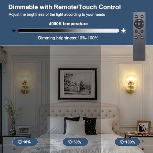 Battery Operated Wall Sconces Set of 2, Rechargeable No Hardwired Wall Light with Remote, 3 Color Dimmable for Bedroom Apartment Hallway - color: Gold
