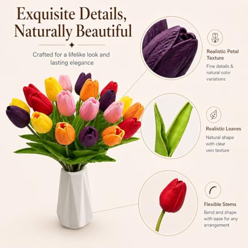 Mandy's 20 Stems Multicolor Artificial Tulip Flowers for Home Centerpieces - color: Multicolor 20pcs