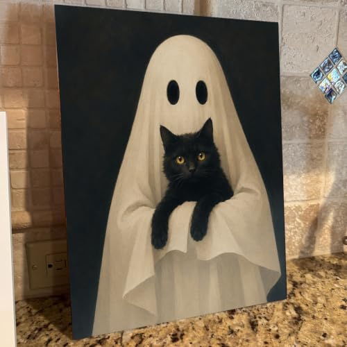 Halloween Wall Art Decor Ghost Holding Black Cat Canvas Print Framed - color: H