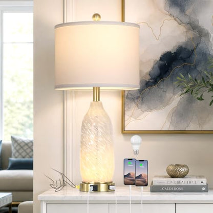 Rinweey 26" Modern Clear Glass Table Lamp Nightstand Lamp with USB A+C Ports & AC Outlet,Bedside Lamps with 3-Way Dimmable Touch Control Night Light for Bedroom Living Room,Single White - color: White-1P