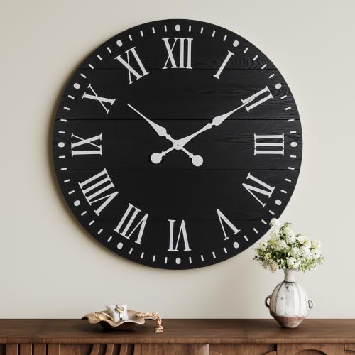 Large Wall Clock with Roman Numeral, 28” Shiplap Farmhouse Clock - color: Black, size: 28 Inch
