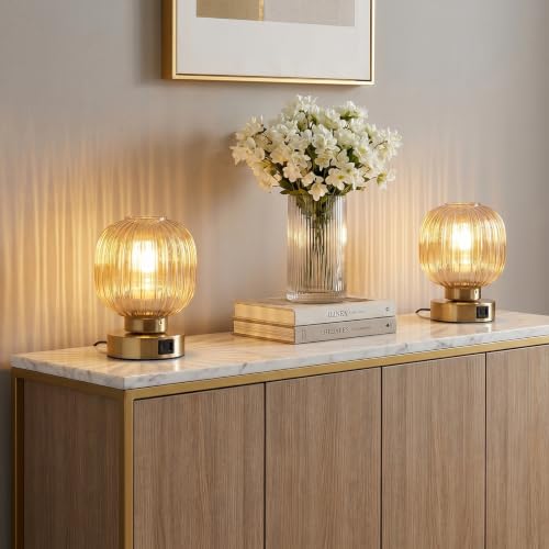 Elenhome Touch Table Lamp Set of 2, 3-Way Dimmable with Glass Shade, USB-C+A Charging Ports, Mid-Century Modern Small Bedside Lamps for Nightstand, Bedroom, and Living Room, LED Bulb Included (Amber) - color: Gold_2pack
