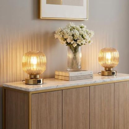 Elenhome Touch Table Lamp Set of 2, 3-Way Dimmable with Glass Shade, USB-C+A Charging Ports, Mid-Century Modern Small Bedside Lamps for Nightstand, Bedroom, and Living Room, LED Bulb Included (Amber) - color: Gold_2pack