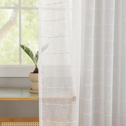 YJ YANJUN White Striped Sheer Curtains 63 inch Length, Boho Window Panels - color: White, size: 52"W x 63"L (Pack of 2)
