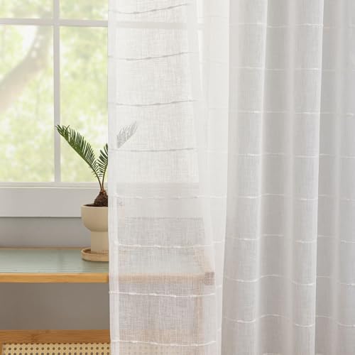 YJ YANJUN White Striped Sheer Curtains 63 inch Length, Boho Window Panels - color: White, size: 52"W x 63"L (Pack of 2)