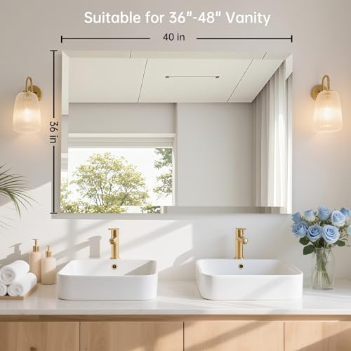 40x30 Inch Rectangle Frameless Mirror, Beveled Bathroom Mirror - size: 40"L x 30"W