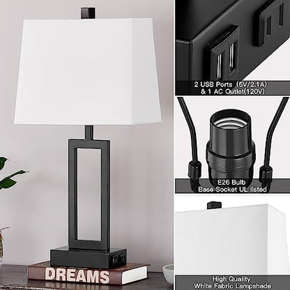 23.5" Touch Control Table Lamps Set of 2, Bedside Lamp with 2 USB Ports & AC Outlet, 3-Way Dimmable Nightstand Lamp with White Linen Shade for Living Room Bedroom End Table Office(2 LED Bulb Included) - color: White - 23.5"H