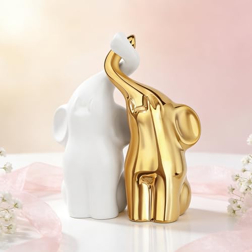 QINJIEJIE Golden Elephant Statue Figurines Loving Elephant Gift for Couples - color: Golden & White