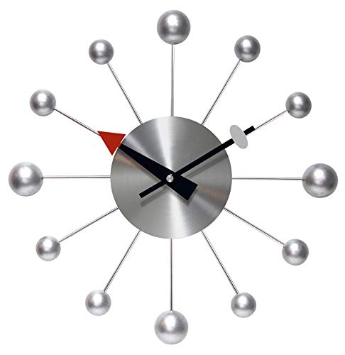 Orb Spoke Midcentury Modern 15 inch Retro Starburst Ball Wall Clock Quiet | Quartz Movement Mid Century Modern Decorative (Silver) - color: Silver