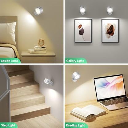 Racokky LED Wall Sconces 2 Pcs with Remote, Wall Lights 3000mAh Rechargeable Battery Operated, 3 Color Temperatures & Dimmable Wall Lamp Magnetic 360° Rotation Light for Bedroom Living Room(Silver) - color: Silver