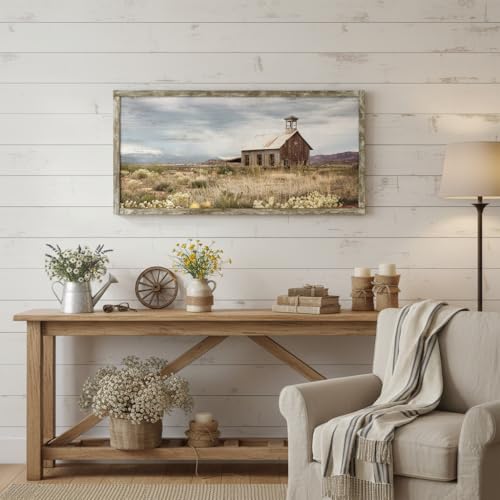 Farmhouse Wood Wall Art Picture: Framed Old Barn Print Decor Large Rustic Farm Landscape Country Artwork Panoramic Horizontal Nature Scene Rural Countryside Painting for Living Room Bedroom - color: Farm 02, size: 48"L x 24"W