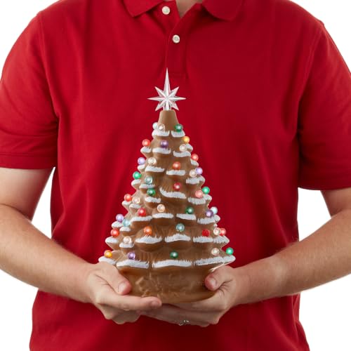 Casafield Hand Painted Ceramic Christmas Tree, Gingerbread 15-Inch Pre-Lit Tree with 128 Multi Color Lights, 2 Star Toppers - color: Brown