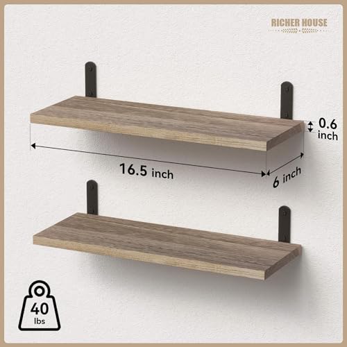 RICHER HOUSE Rustic Wood Floating Shelves, 2-Set Wall Mounted Shelves, 16In - color: Carbonized Black
