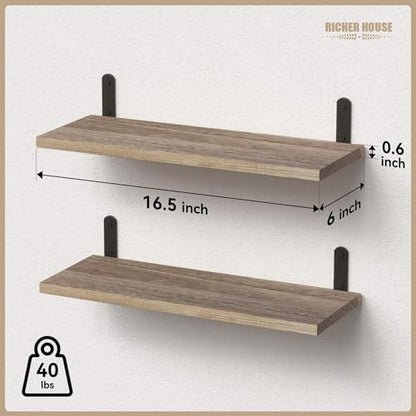 RICHER HOUSE Rustic Wood Floating Shelves, 2-Set Wall Mounted Shelves, 16In - color: Carbonized Black