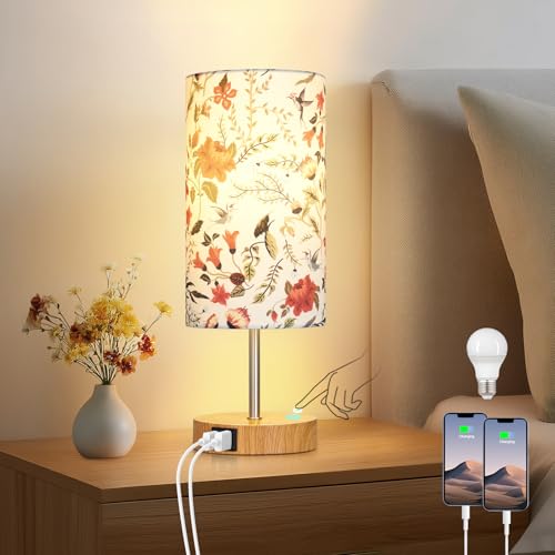 CINSARY Bedside Touch Lamp with Flower Fabric Shade, 3 Way Dimmable Wood Bedroom Lamp for Nightstand with 2 USB Charging Ports, Small Table Lamp for Living Room Reading Desk (LED Bulb Included) - color: Flower1-15" H