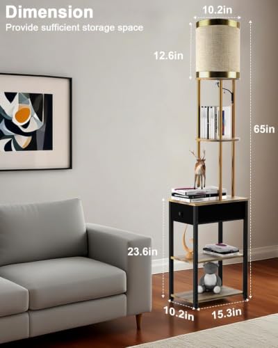 Lightdot 65IN Floor Lamps with Storage Table&Drawer, Corner Shelf Lamps with Black End Table and Fabric Shade, Modern Standing Tall Lamp for Living Room/Bedroom/Sofa Beside/Corner Decor(Bulb Included)