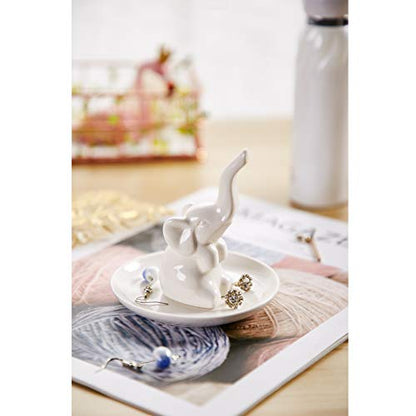 HOME SMILE Elephant Ring Dish Holder for Jewelry,Elephant Gifts for Women Chritsmas,Engagement Wedding Trinket Trays,Ceramic White - style: Elephant