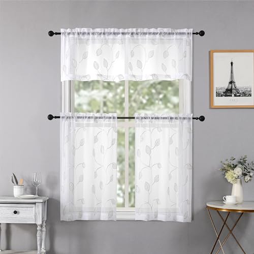 Regal Home Collections Embroidered Kitchen Tiers & Window Valance Curtains - 54"x36" Light Filtering Rod Pocket Cafe Tier, Curtain Valances for Windows, Florence White/Green - color: Florence/Green