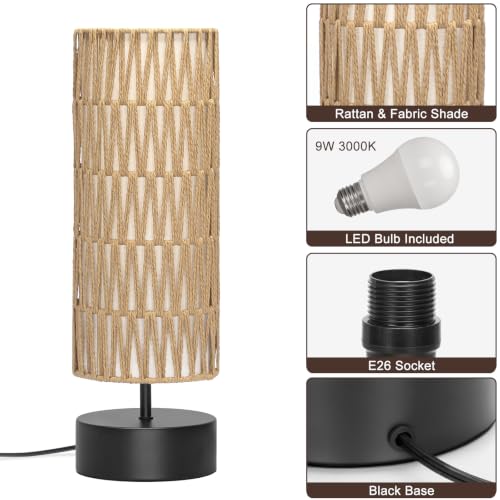 Rattan Table Lamp, Touch Control Bedside Table Lamp with Black Base, 3 Way Dimmable Nightstand Lamp with Dual-layer Shade, Boho Night Light for Bedroom Living Room Home Office, 9W LED Bulb Included - color: Black Base with Rattan Shade