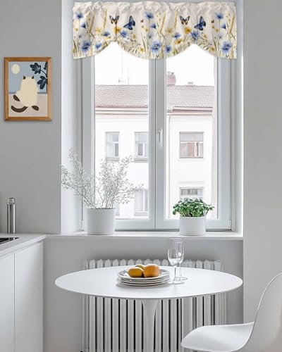 Butter-fly Leaves Tie Up Valance Curtain for Kitchen Living Room Bedroom Bathroom Cafe,Rod Pocket Short Window Drape Panel Adjustable Drapary Print,Elegant Fall Yellow Blue Yellow Daisy Beige 54"x18" - size: 54"W x 18"L (Pack of 1)