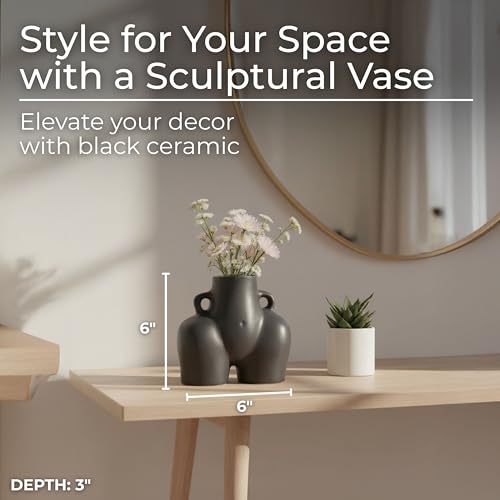 Ceramic Vase Flower Holder – Decorative Accent for Shelves or Tables, Living Room, Bedroom, or Office Placement, Modern Sculptural Home Decor Design for Visual Impact – 6", Black - color: Black
