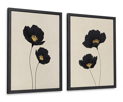 Minimalist Black Gold Flower Bathroom Wall Art Poppy Botanical Art Print - color: Poppy Flowers, size: 12 x 16 inches