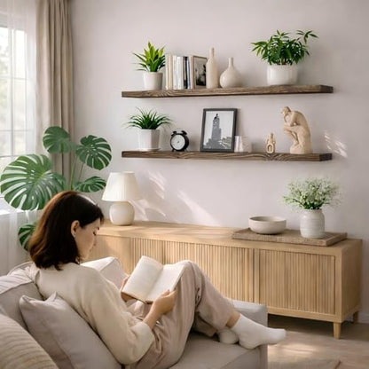 Floating Shelves 60 inch Long 8 "deep Set of 2, Heavy Duty Wood Wall Mounted Shelves for Bathroom Living Room Kitchen,Book Shelves with Thickened Hidden Bracket-Distressed Walnut - color: Distressed Black Walnut, size: 60'' x 8''x 2''(set of 2）