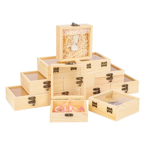 12 Pack Wood Box with Glass Lid, 4.72 x 4.72 x 1.97 inch Wooden Display Box with Hinged Lid for DIY Craft, Collectibles - size: 12 Pack 4.72 x 4.72 x 1.97 inch