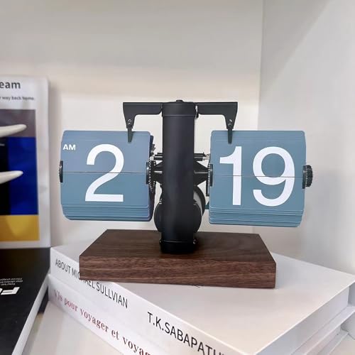 VBESTLIFE Retro Digital Flip Down Clock, Battery Powered Internal Gear Operated Clock, Classic Mechanical, Black Walnut Base, for Home & Office Decor (Blue) - color: Blue