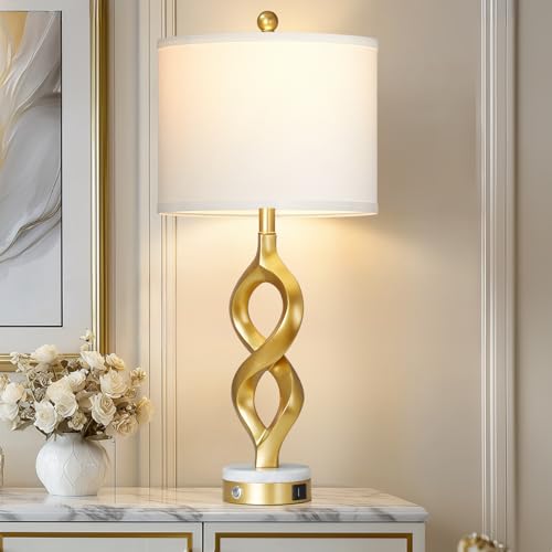 Cinyirong 30" White and Gold Table Lamp for Living Room, Modern Touch Control Bedside Lamp for Bedroom, 3-Way Dimmable Sculptural Resin Nightstand Lamp with USB A+C Ports and 1 LED Bulb (1 Pack) - color: White & Gold (1 Pack)