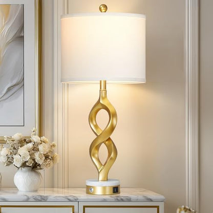 Cinyirong 30" White and Gold Table Lamp for Living Room, Modern Touch Control Bedside Lamp for Bedroom, 3-Way Dimmable Sculptural Resin Nightstand Lamp with USB A+C Ports and 1 LED Bulb (1 Pack) - color: White & Gold (1 Pack)