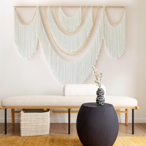 Macrame Wall Hanging Boho Yarn Art Tassel Beaded Handmade Decor 57"W*41"L - color: White