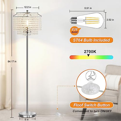 Luvkczc Crystal Floor Lamp, 64" Tall Modern Standing Lamps with Double-Layer Lampshade, On-Off Foot Switch, Silver Finish Pole Lamp for Living Room, Bedroom, Office, 8W Bulb Included - color: Silver
