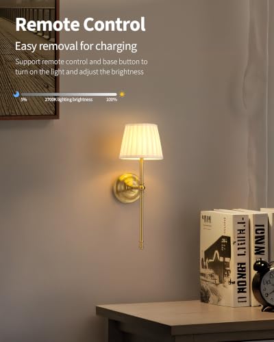 KDG Gold Cordless Wall Sconces Set of 2, Beige Fabric LED Wall Lamps - color: Gold + Beige Lampshde (2 Pack)