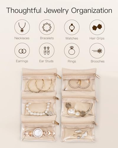 VLANDO Travel Jewelry Case with Clear 6 Velvet Bags,Brown - color: 6PCS-Brown