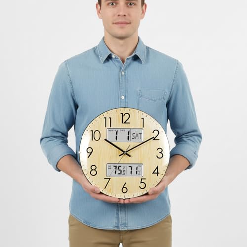 Nbdeal 13-Inch Analog Silent Wall Clock with Calendar Temperature & Humidity (Natural) - color: Natural