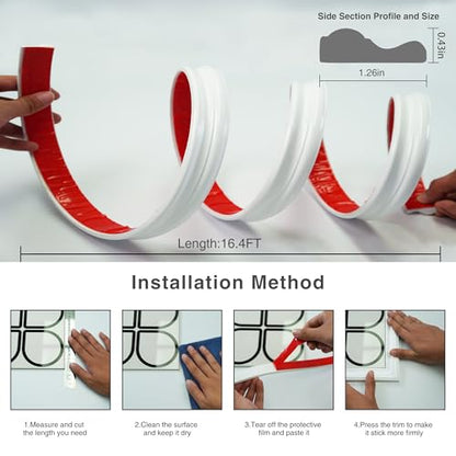 Colamo 16.4FT White Peel and Stick Trim Caulk Strip,Flexible Self Adhesive Moldings & Trims for Wall/Mirror/Ceiling/Window and Door Frame,Stick on Backsplash Tile Trimming, Sticky Edge,Side Body Trim - color: White