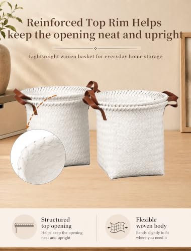 Wicker Storage Baskets, 4 Pack Woven Baskets for Shelves, White - color: Round White