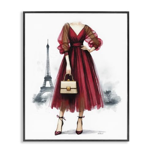'Parisian Fashion Red Dress'| Framed Giclee Art - color: Midnight Black (Textured), size: 14"L x 11"W