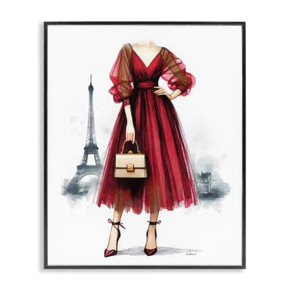 'Parisian Fashion Red Dress'| Framed Giclee Art - color: Midnight Black (Textured), size: 14"L x 11"W