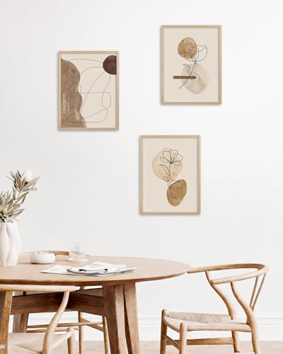 HesenDot Natural OAK Wood Floral Line Drawing Framed Wall Art, 12x16in - color: Boho Floral Line