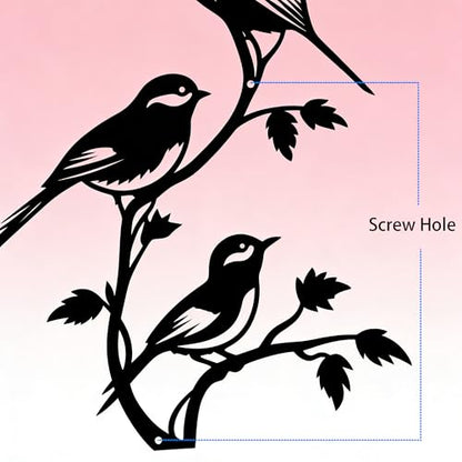 Black Metal Bird Wall Decor - 4 Birds on Branch Silhouette Wall Art