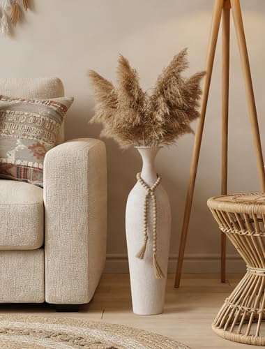 Sziqiqi Metal Tall Floor Vase, Large Boho Vase with Bead for Pampas Grass - color: Beige