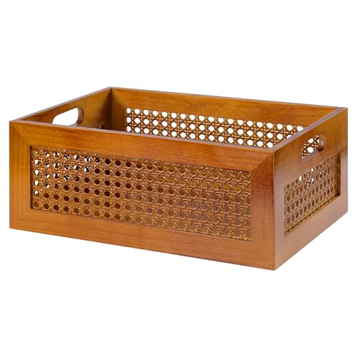 Rattan Wooden Box 14x10x6in Handmade Decorative Storage Basket with Handles - color: Brown, size: 1 Set - 13.8" x 9.8" x 5.5"