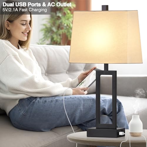 23.5" Touch Control Table Lamps Set of 2, Bedside Lamp with 2 USB Ports & AC Outlet, 3-Way Dimmable Nightstand Lamp with White Linen Shade for Living Room Bedroom End Table Office(2 LED Bulb Included) - color: White - 23.5"H