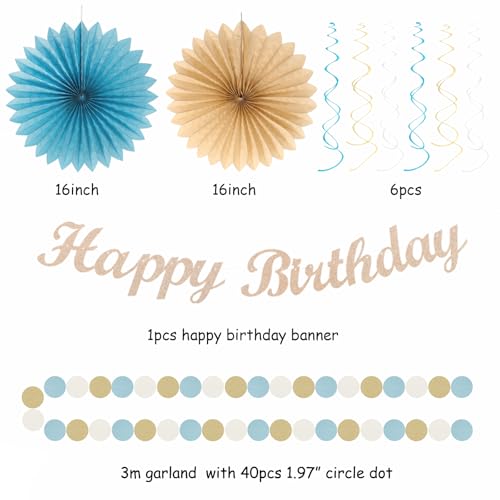 Light-Dusty Blue Beige-Champagne Women Birthday-Decorations - 21pcs Boho Neutral Happy Banner Garland,Paper Streamers Lanterns,Flower Tissue Pom Poms Fan Supplies,Wall Backdrop Party Decor Huglony - color: Light-dusty Blue Beige-champagne