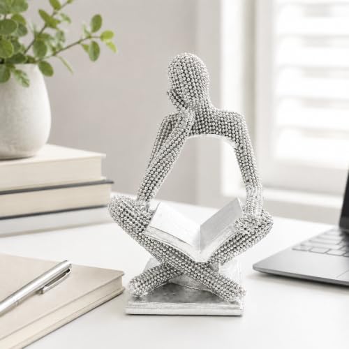 Sparkling Silver Reading Women Statue, Abstract Resin Thinker Sculptures - color: Silver Right