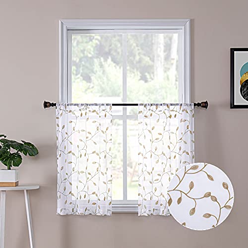 Tollpiz Leaves Sheer Tier Curtain Taupe Leaf Embroidery Kitchen Half Curtains Rod Pocket Voile Faux Linen Embroidered Leaves Curtain for Bathroom, 30 x 36 inches Long, Set of 2 Panels - color: Taupe, size: 30"W x 36"L (Pack of 2)