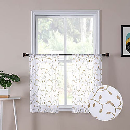 Tollpiz Leaves Sheer Tier Curtain Taupe Leaf Embroidery Kitchen Half Curtains Rod Pocket Voile Faux Linen Embroidered Leaves Curtain for Bathroom, 30 x 36 inches Long, Set of 2 Panels - color: Taupe, size: 30"W x 36"L (Pack of 2)