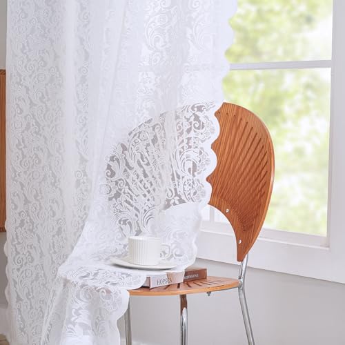 ALIGOGO White Lace Sheer Curtains 80 Inchesn Long, Rustic Floral 2 Panels - color: White 1, size: 52"W x 80"L (Pack of 2)